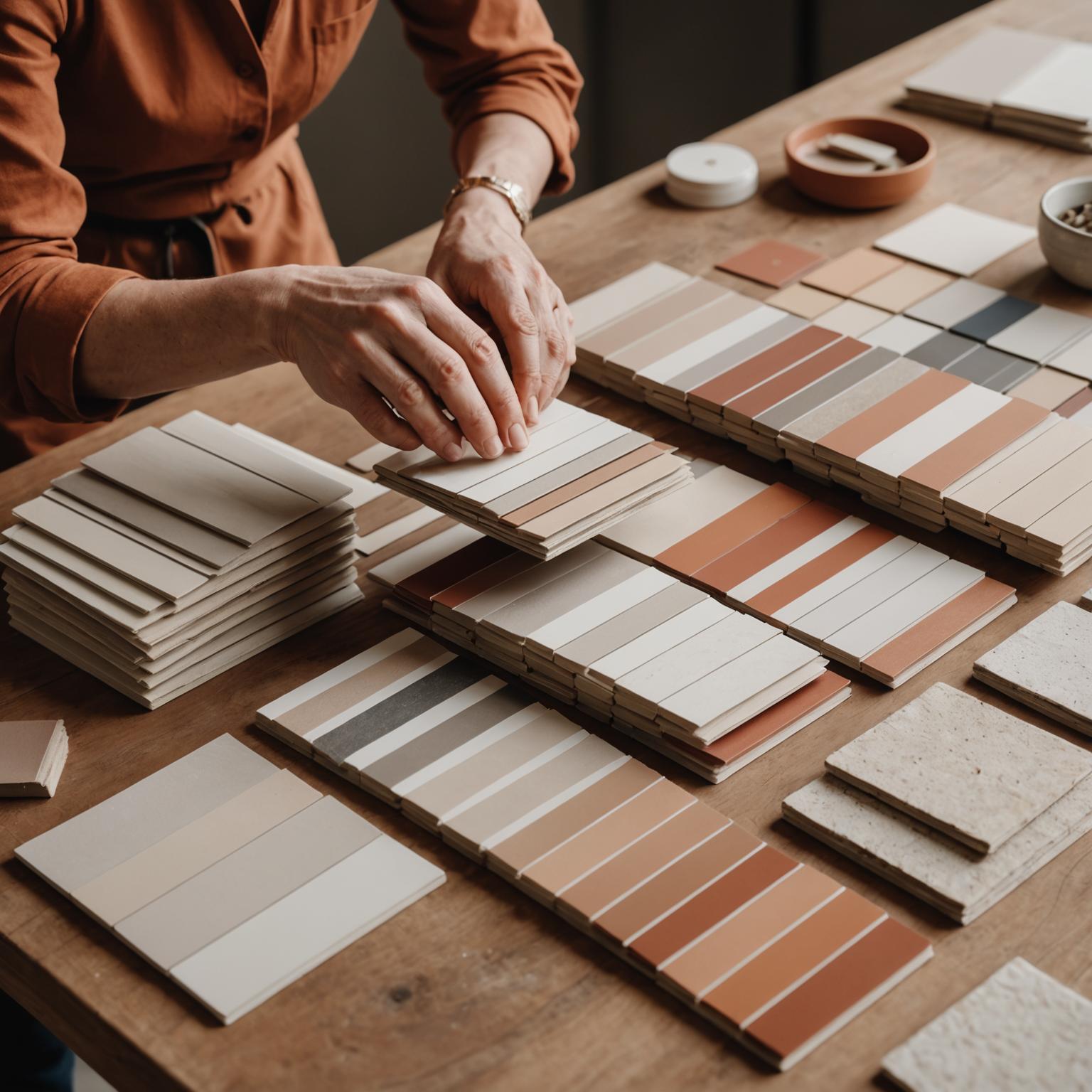 Designer holding a fan of stone and tile samples