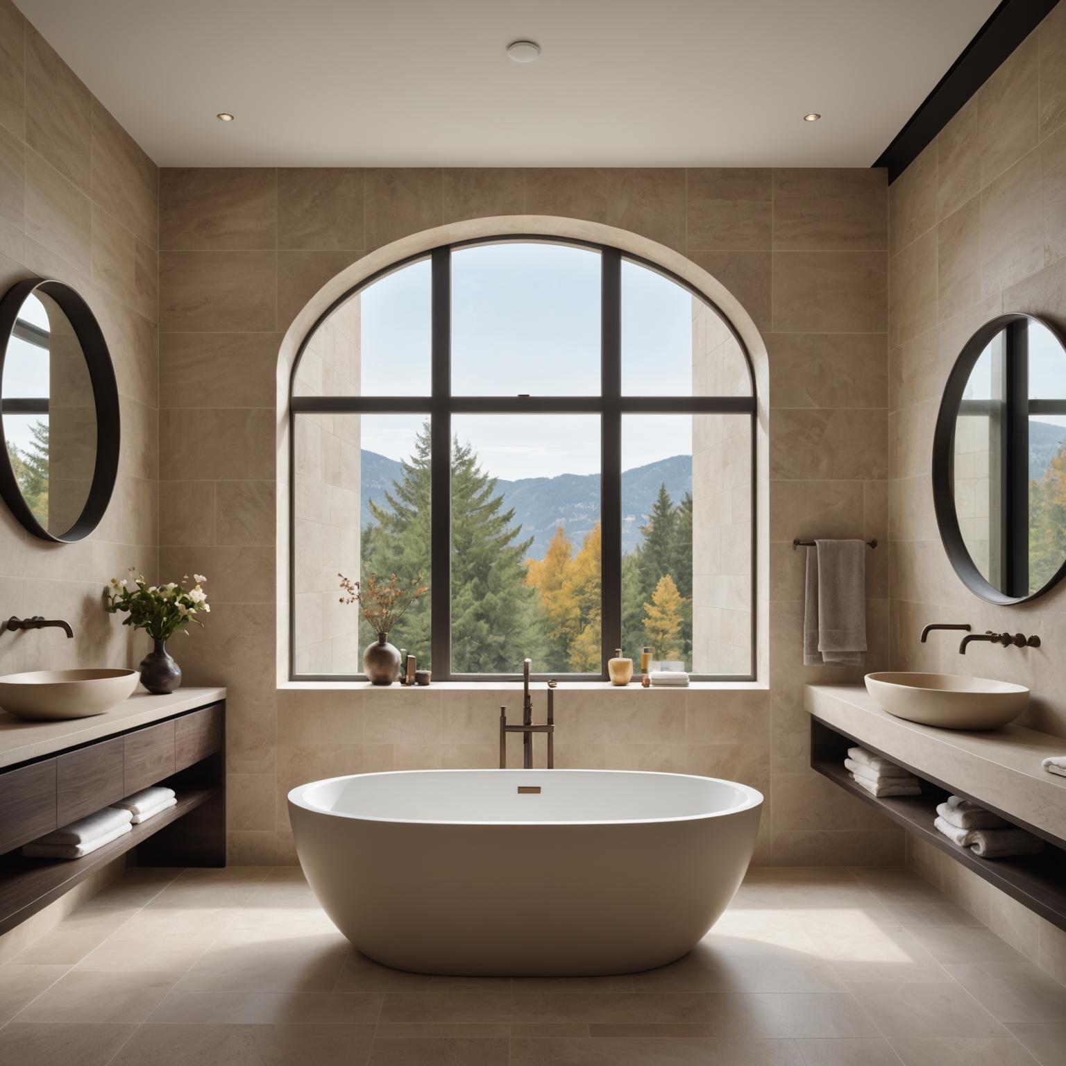 Freestanding stone-resin bathtub with brushed-bronze fittings