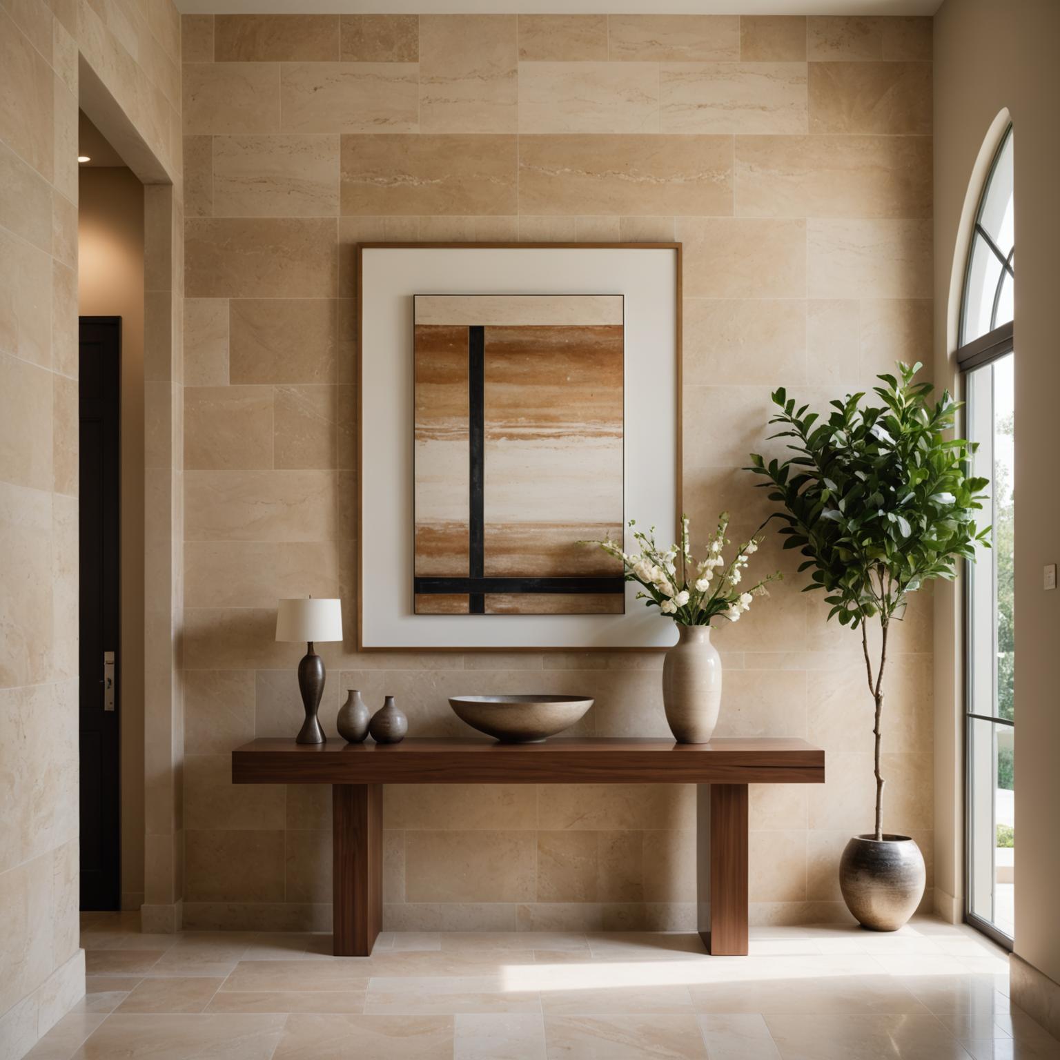 Modern foyer finished in warm travertine-look porcelain tile
