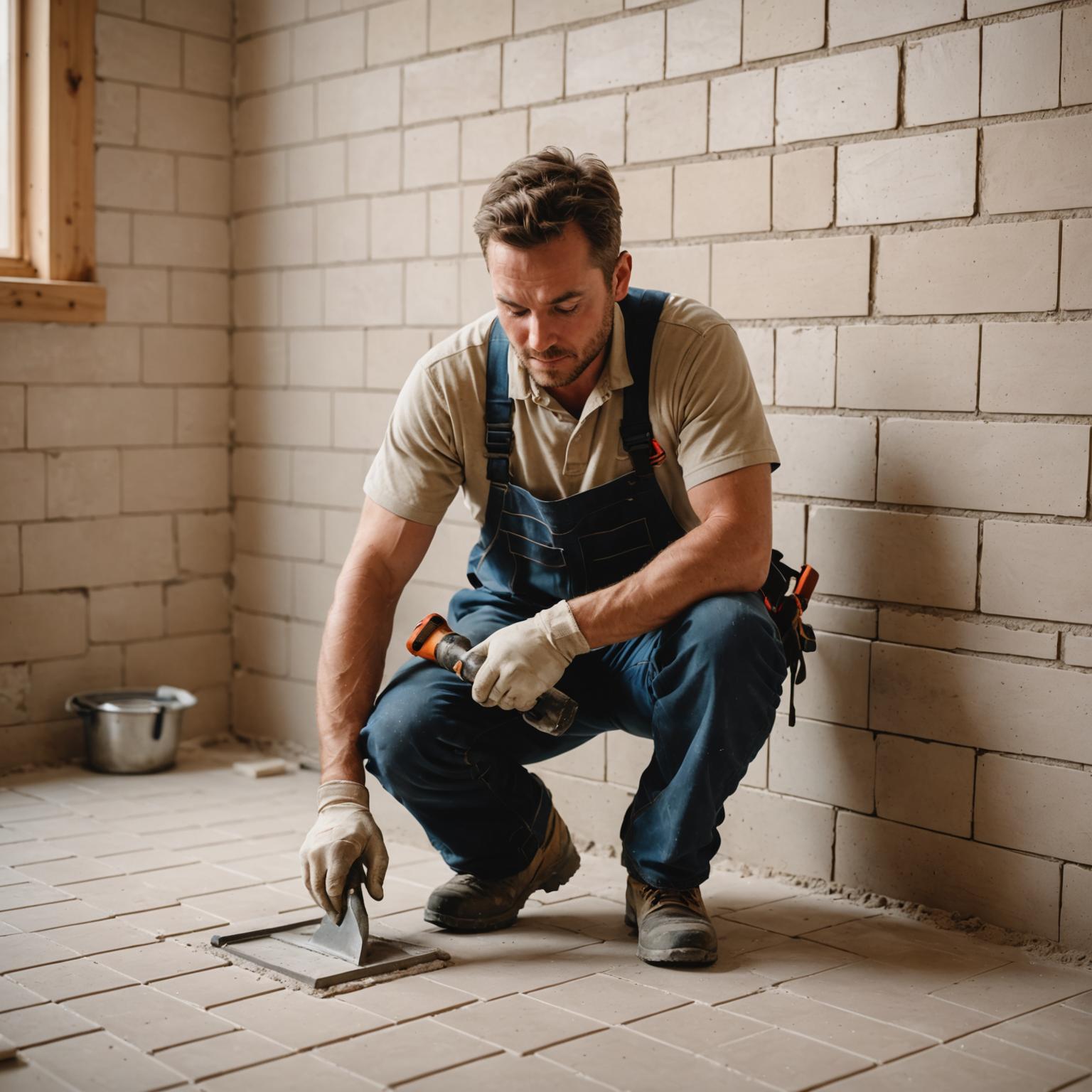 Tile installer applying thinset to a wall