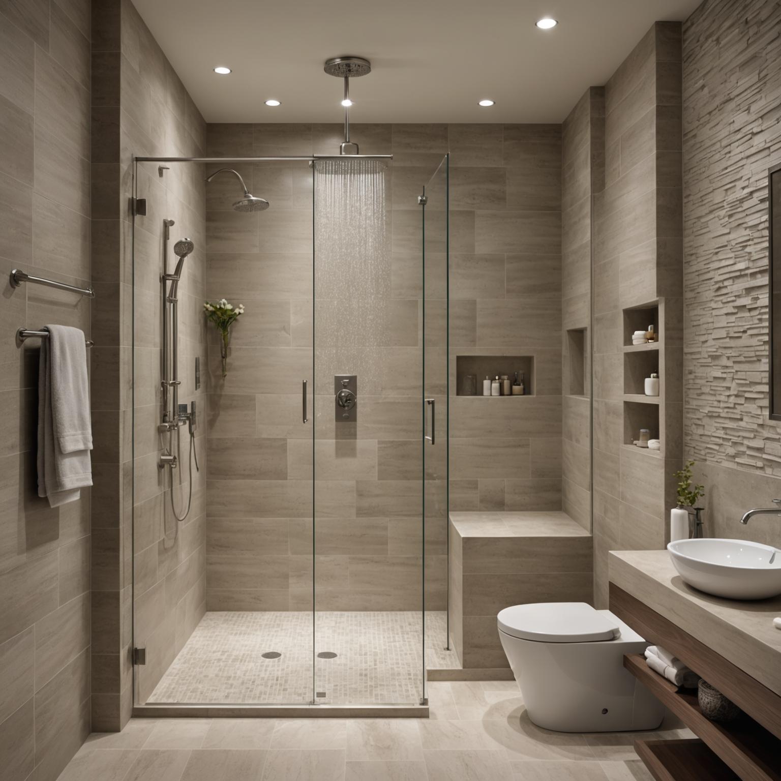 Walk-in shower in cream porcelain with brushed-nickel rainfall head