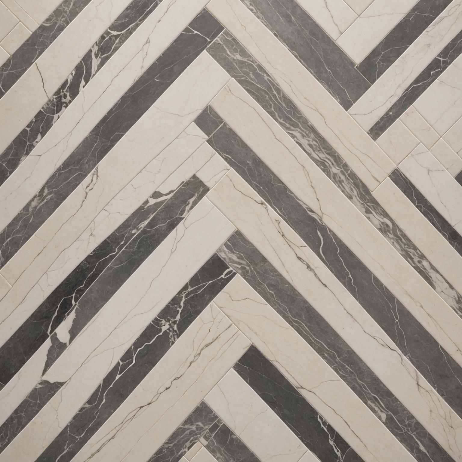 Marble-look porcelain tile in herringbone pattern