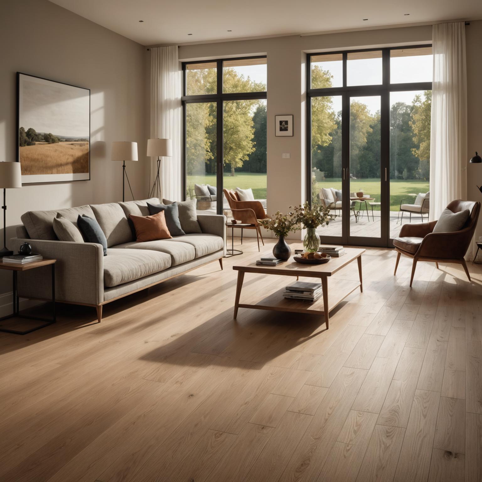 Wide-plank European oak flooring in a sun-lit living room